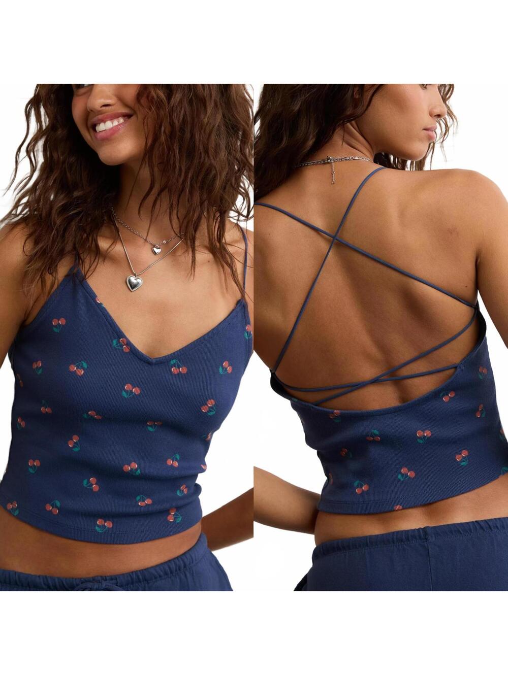 AE Strappy-Go-Lucky Tank Top American Eagle NWT Deep Sea Blue Cherry Small